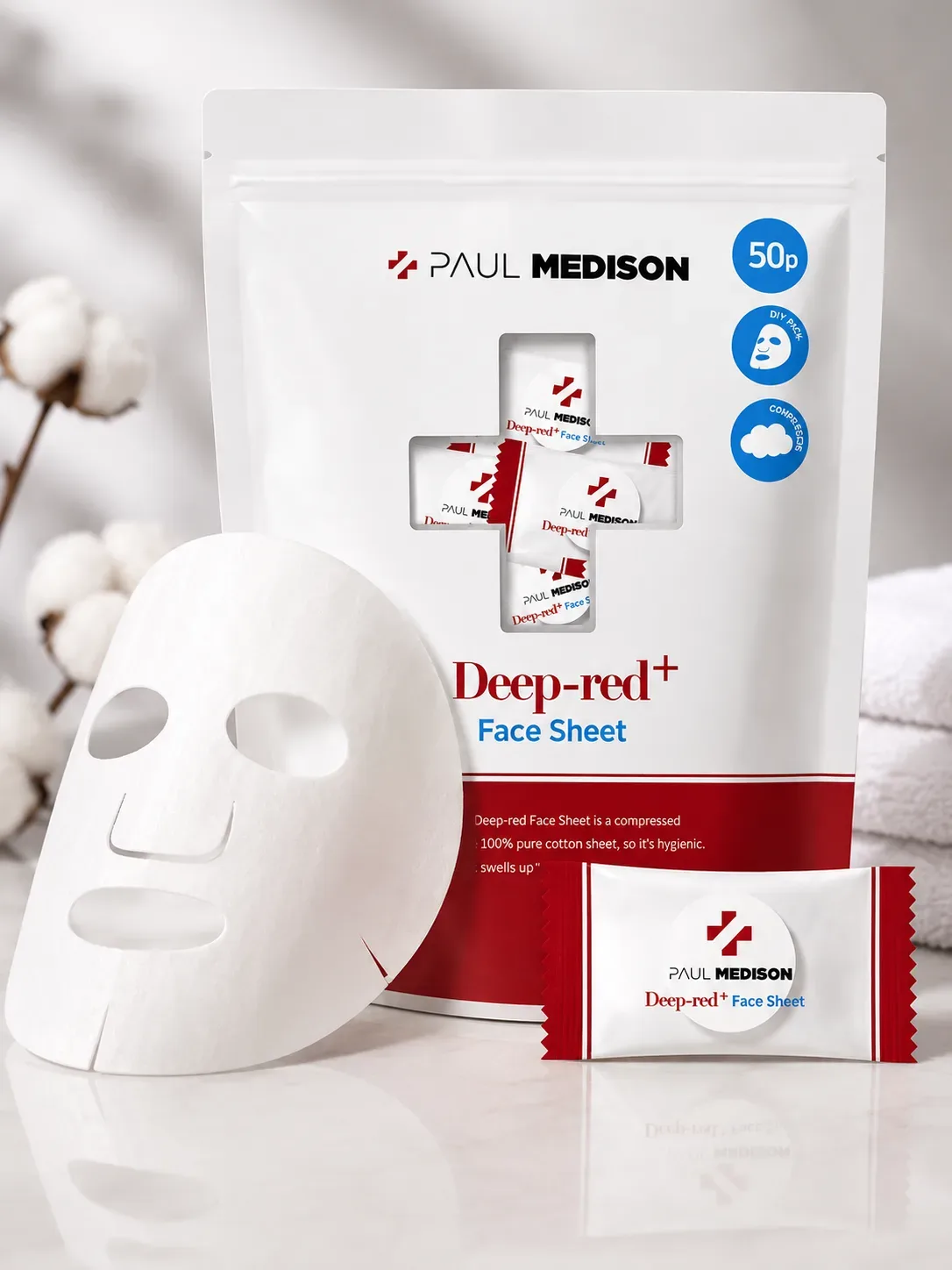 Paxtadan presslangan mato niqoblar Paul Medison Deep Red — 50 dona