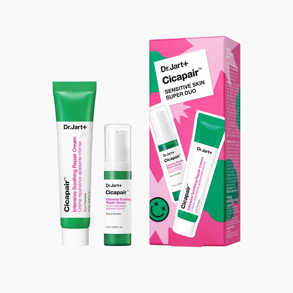 Ta'sirchan teri uchun mini to'plam Dr.Jart+ Cicapair: 15 ml krem va 7 ml serum